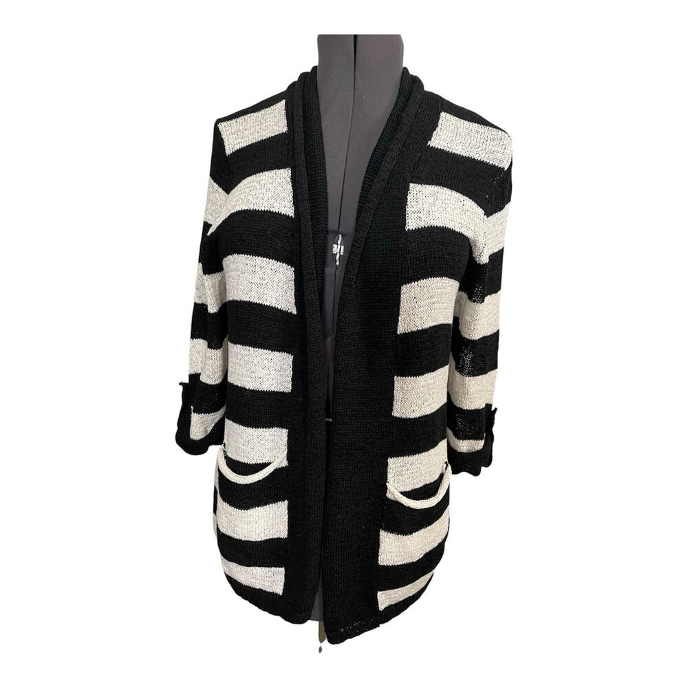 WD.NY Vintage Open Front Striped Cardigan Size XL Women Black White 90s Boho